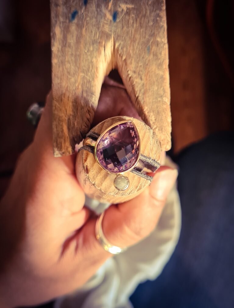 Handmade gold and gemstone ring at Nisha Halo Jewellery 768x1013