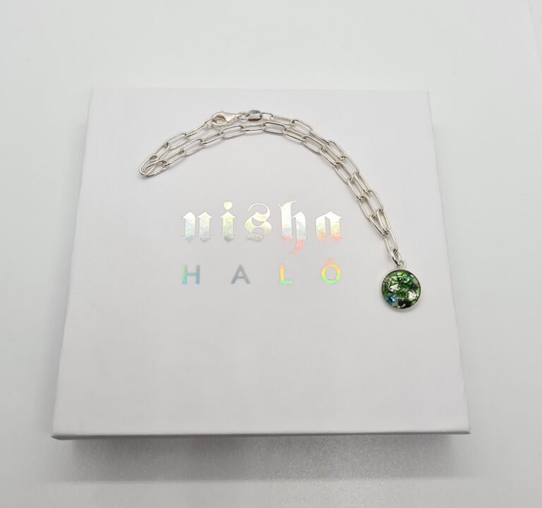 Silver paperclip bracelet with ashes charm 768x720